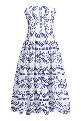 Breezy Smocked Strapless Broderie Anglaise Beach Vacation Midi Dress