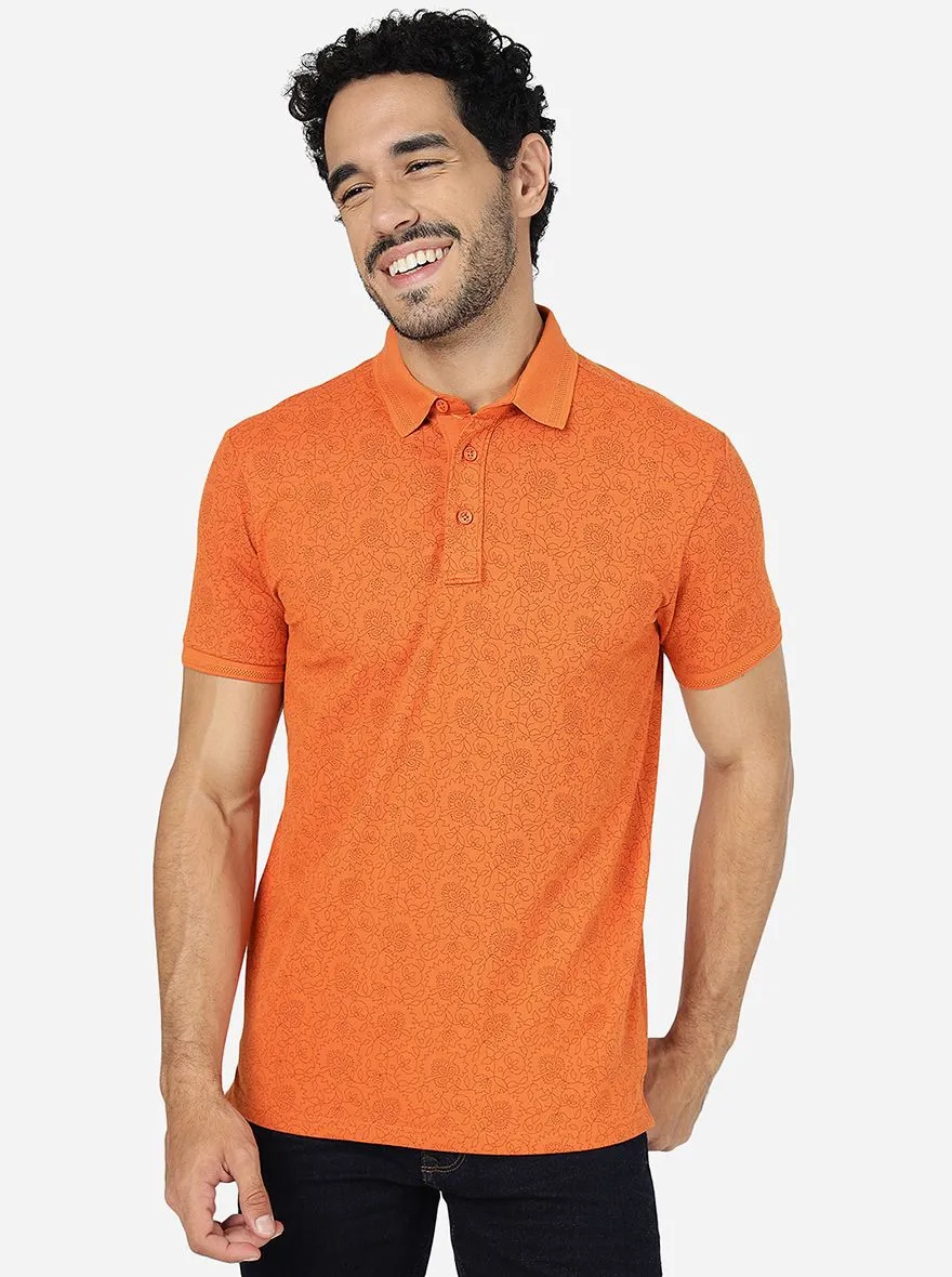 Burnt Orange Printed Slim Fit Polo T-Shirt | JadeBlue