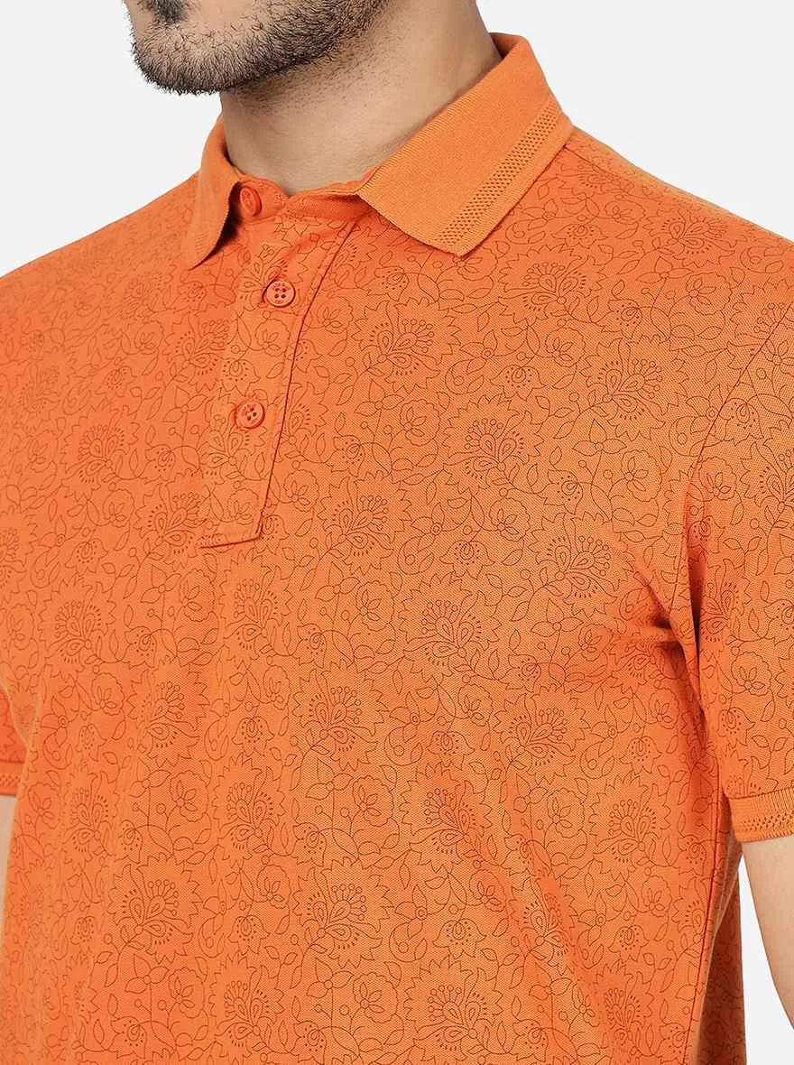 Burnt Orange Printed Slim Fit Polo T-Shirt | JadeBlue