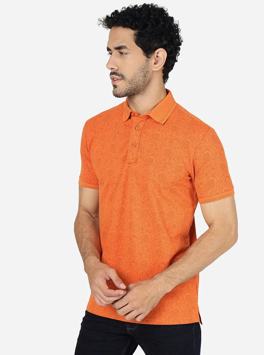 Burnt Orange Printed Slim Fit Polo T-Shirt | JadeBlue