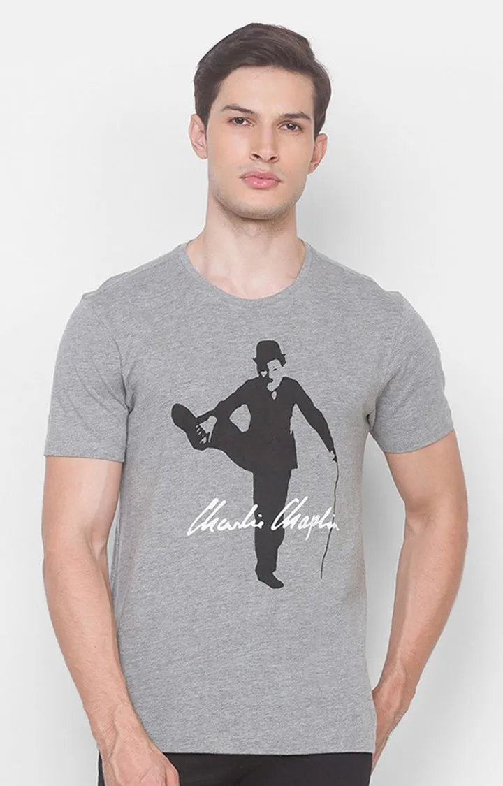 Charlie Chaplin Spykar Men Grey Melange Cotton Slim Fit Round Neck Printed T-Shirt