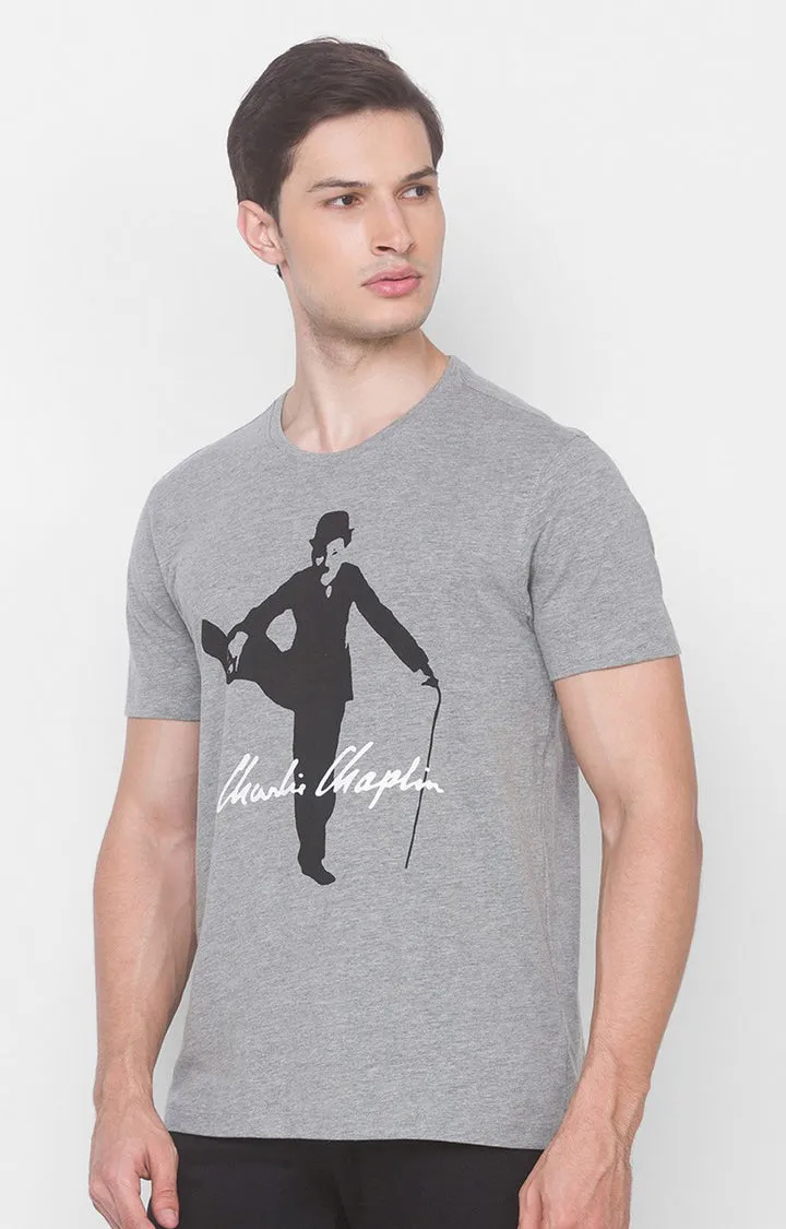 Charlie Chaplin Spykar Men Grey Melange Cotton Slim Fit Round Neck Printed T-Shirt