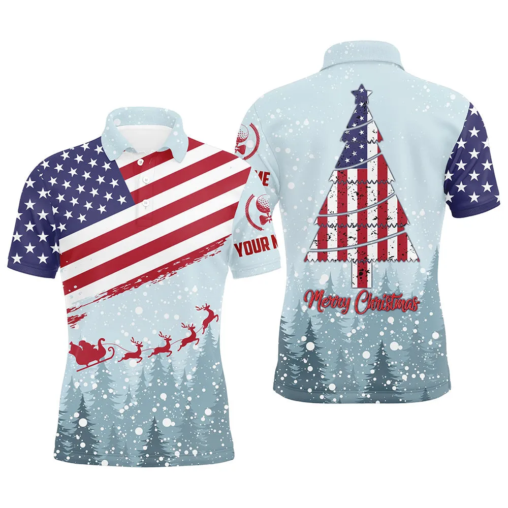 Christmas Usa Flag Golf Mens Polo Shirt Custom Winter Forest Patriotic Golf Shirts For Men