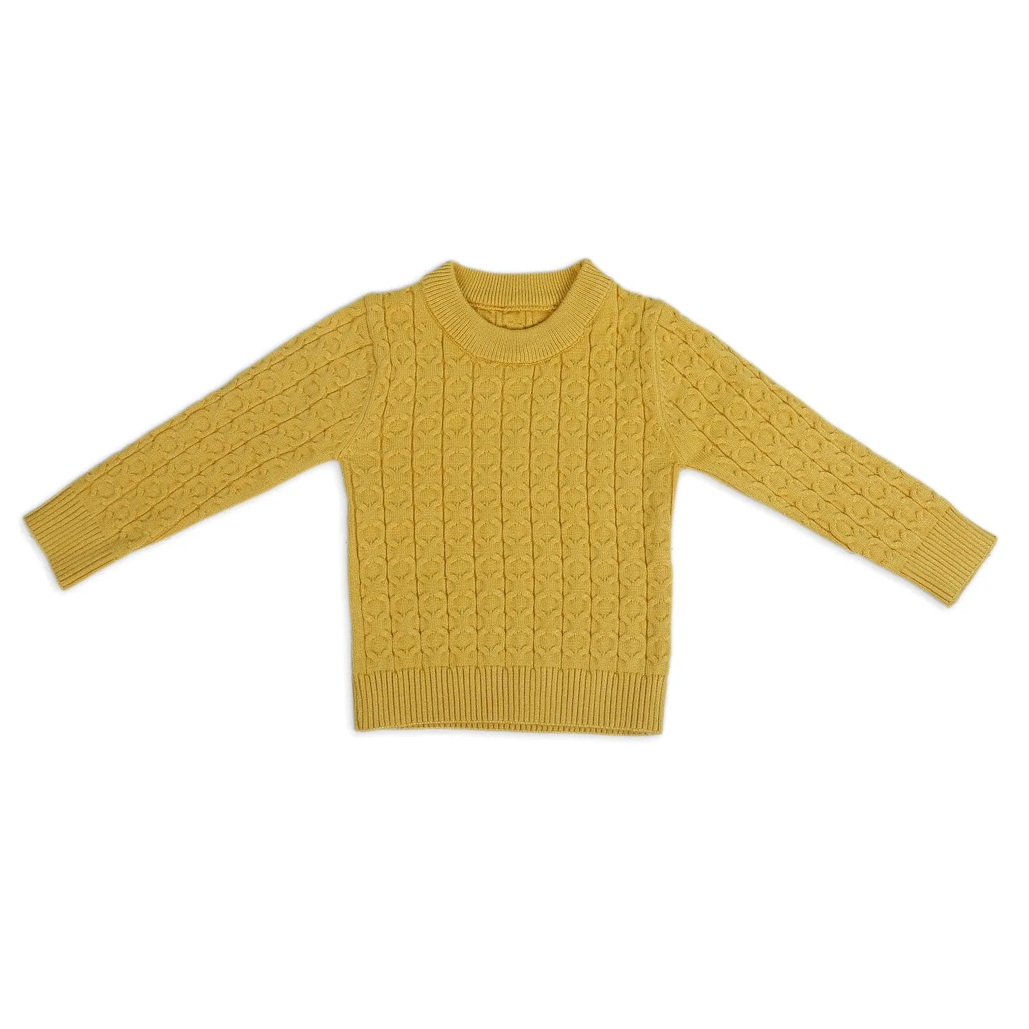 Classic Solid Round Neck Premium Full Sleeves Cable Knit Sweater - Mustard