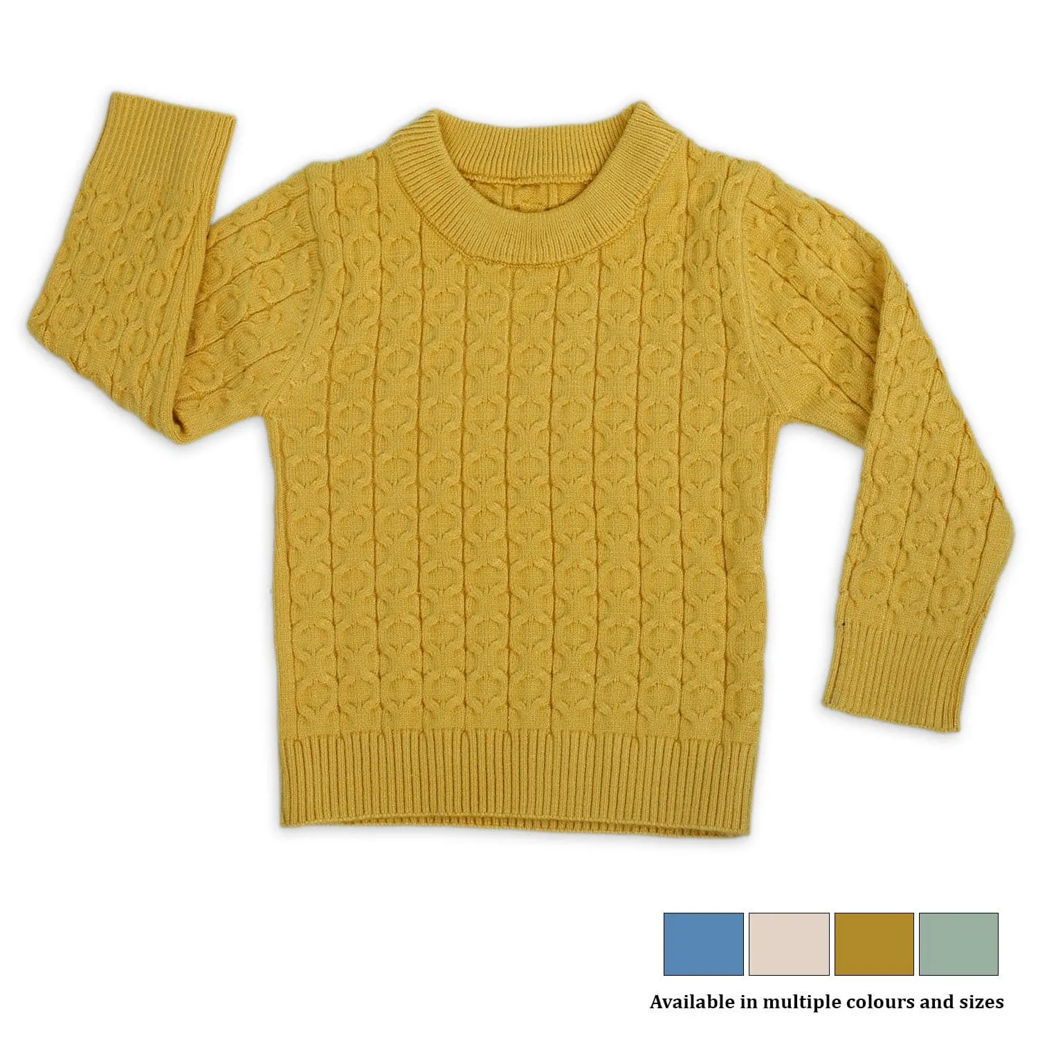 Classic Solid Round Neck Premium Full Sleeves Cable Knit Sweater - Mustard