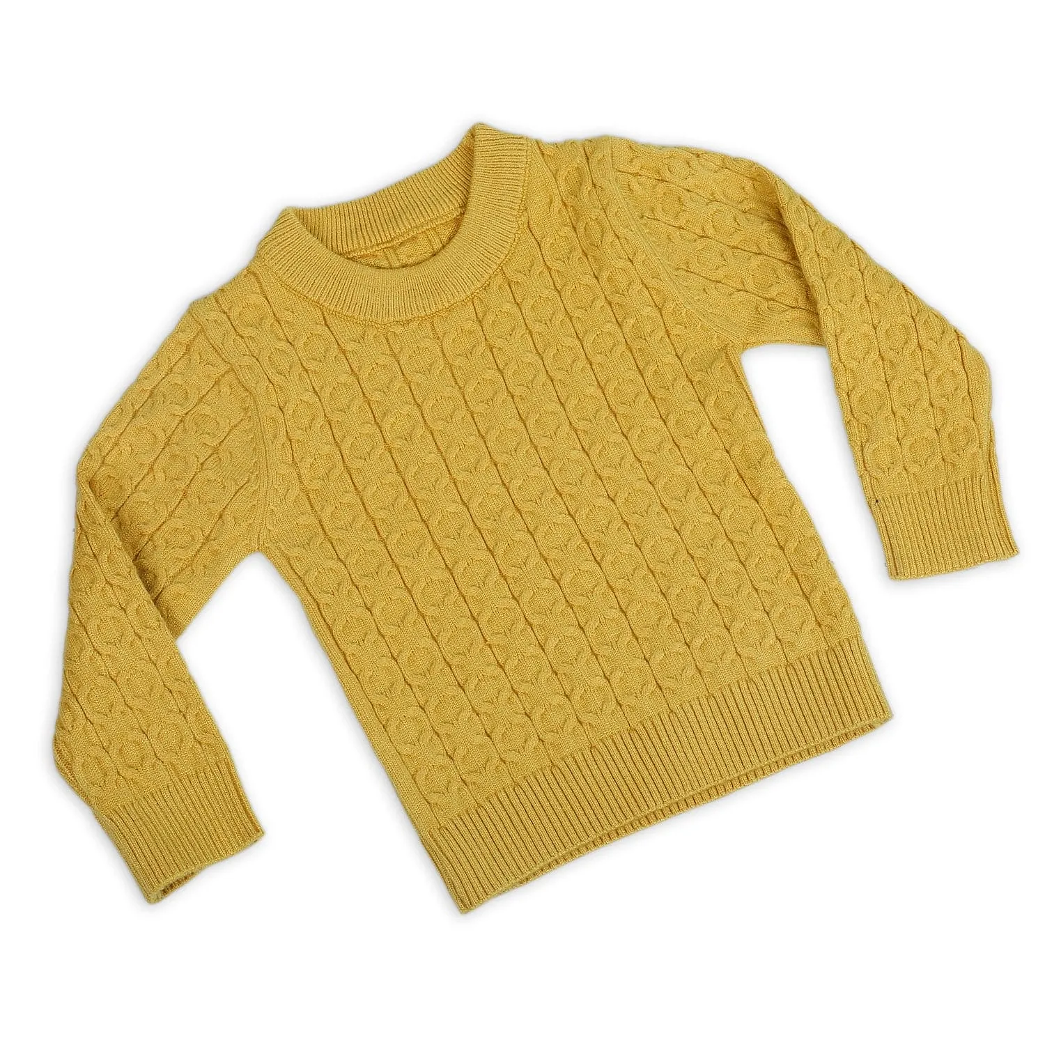 Classic Solid Round Neck Premium Full Sleeves Cable Knit Sweater - Mustard