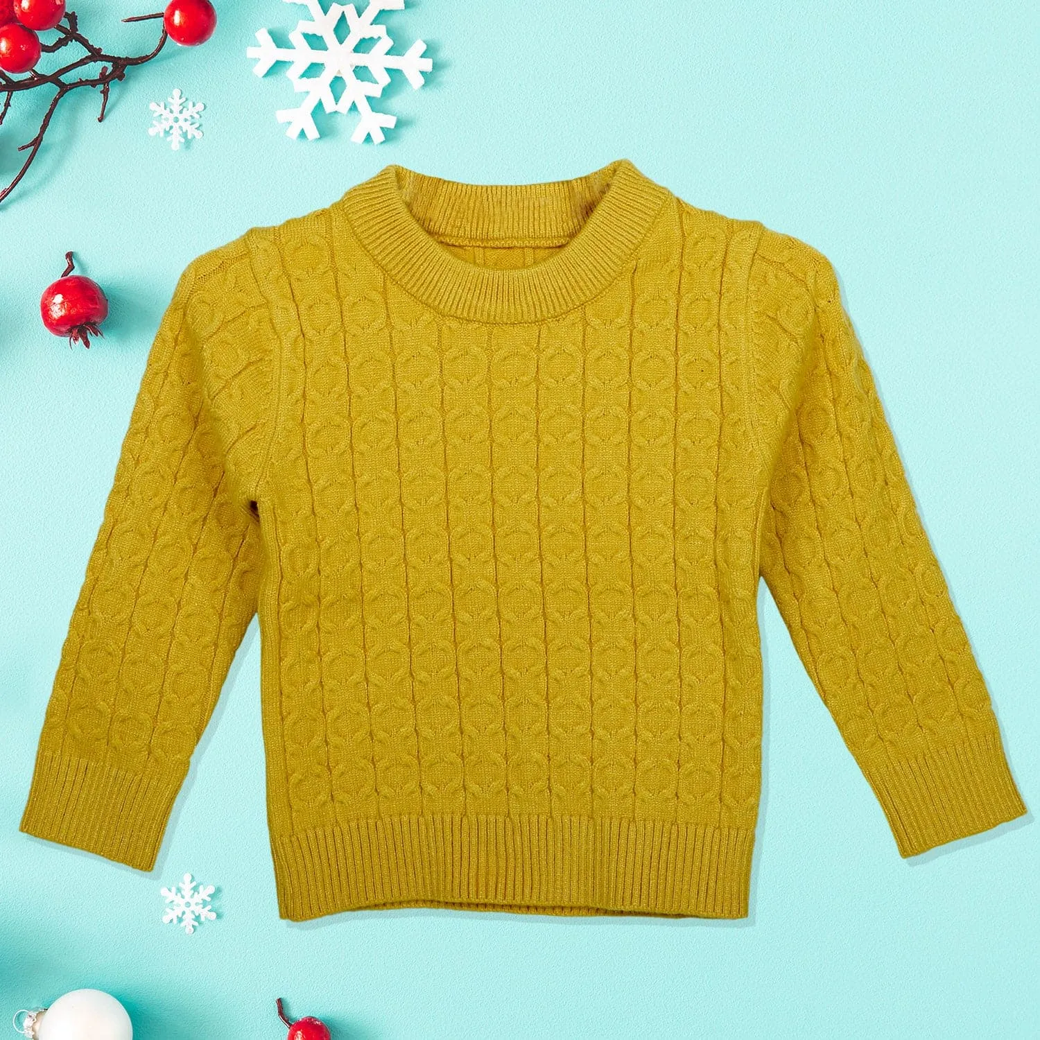 Classic Solid Round Neck Premium Full Sleeves Cable Knit Sweater - Mustard