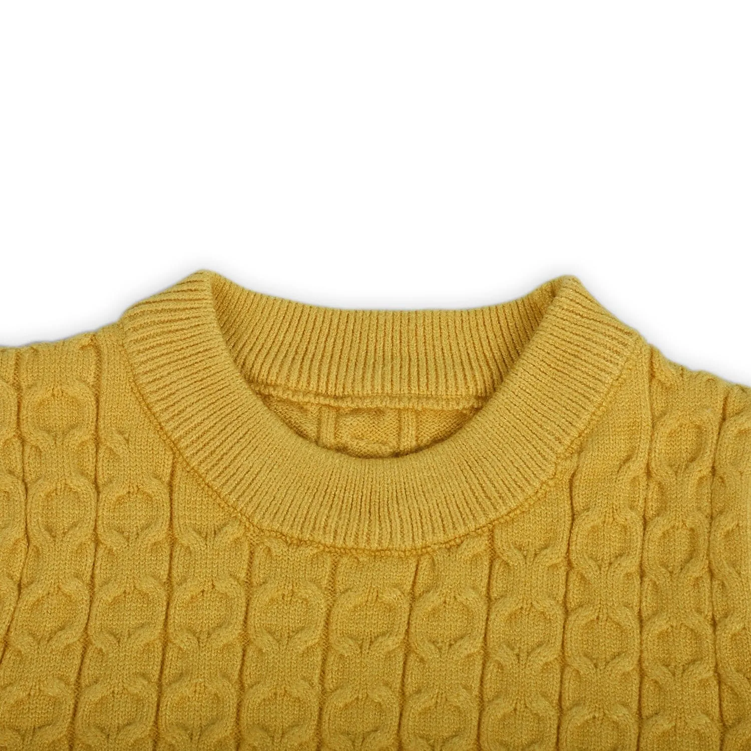 Classic Solid Round Neck Premium Full Sleeves Cable Knit Sweater - Mustard