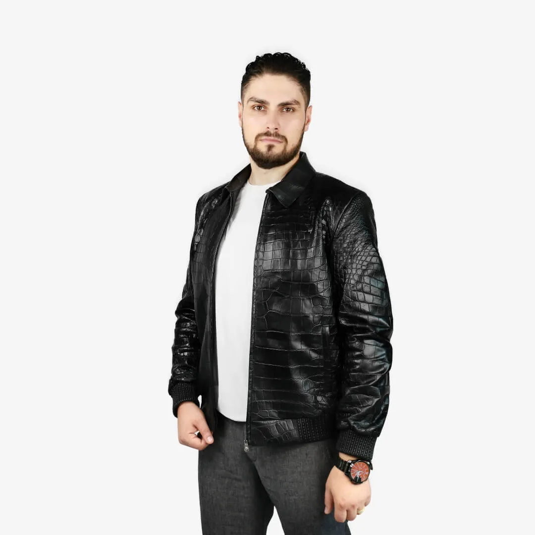 Crocodile Leather Harrington Jacket With Silk Lining