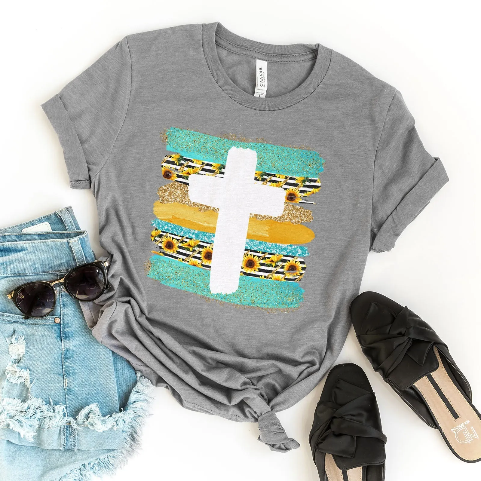 Cross Brushstrokes Sunflower Tee Shirts For Women - Christian Shirts for Women - Religious Tee Shirts