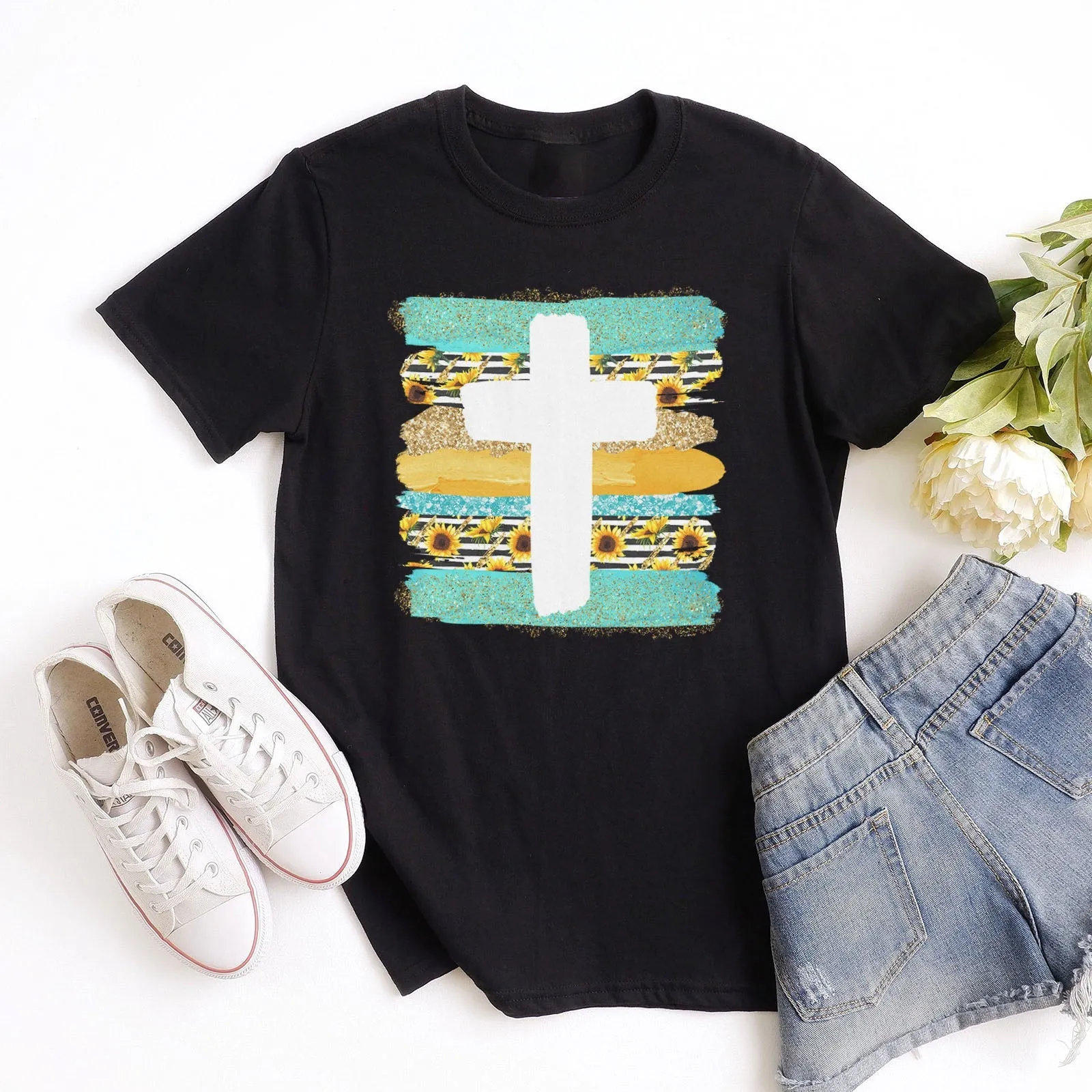 Cross Brushstrokes Sunflower Tee Shirts For Women - Christian Shirts for Women - Religious Tee Shirts