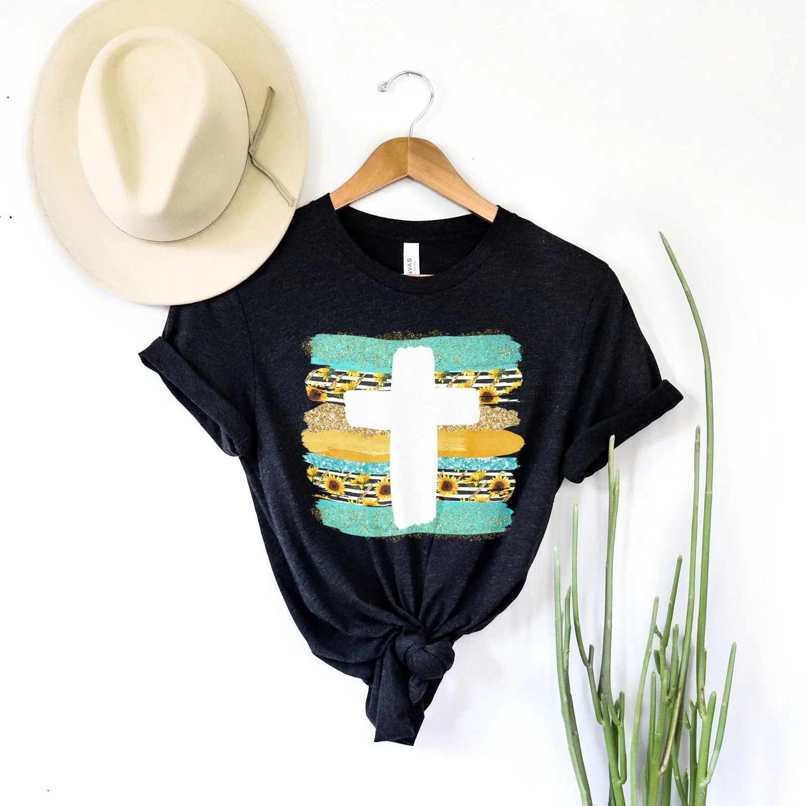 Cross Brushstrokes Sunflower Tee Shirts For Women - Christian Shirts for Women - Religious Tee Shirts