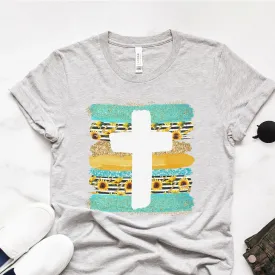 Cross Brushstrokes Sunflower Tee Shirts For Women - Christian Shirts for Women - Religious Tee Shirts