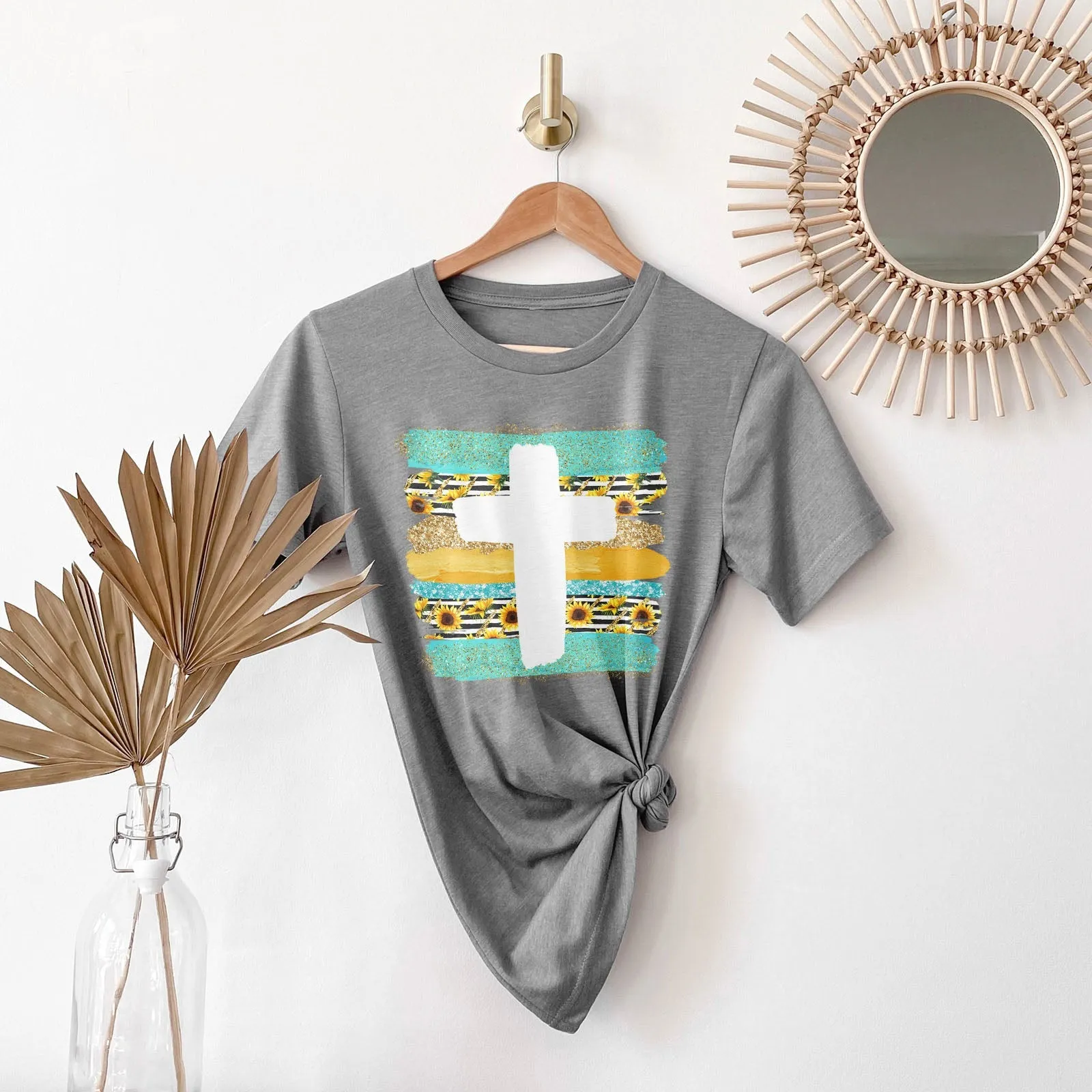 Cross Brushstrokes Sunflower Tee Shirts For Women - Christian Shirts for Women - Religious Tee Shirts