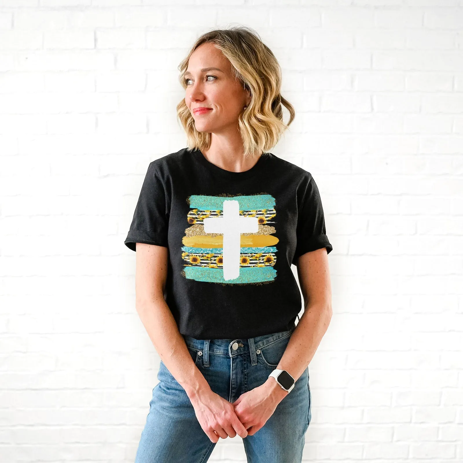 Cross Brushstrokes Sunflower Tee Shirts For Women - Christian Shirts for Women - Religious Tee Shirts