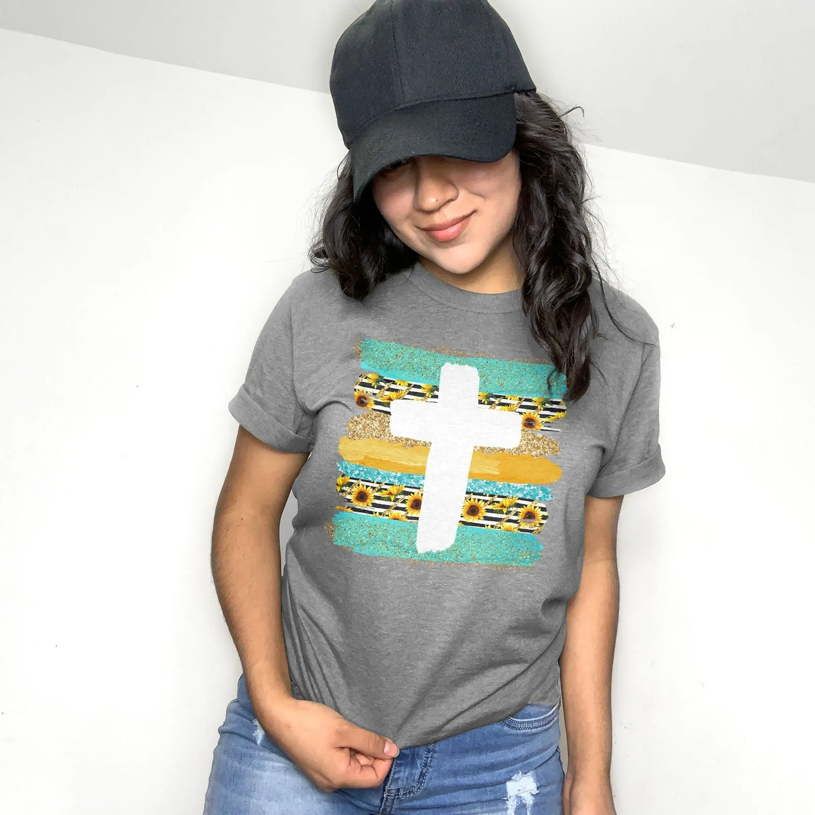 Cross Brushstrokes Sunflower Tee Shirts For Women - Christian Shirts for Women - Religious Tee Shirts