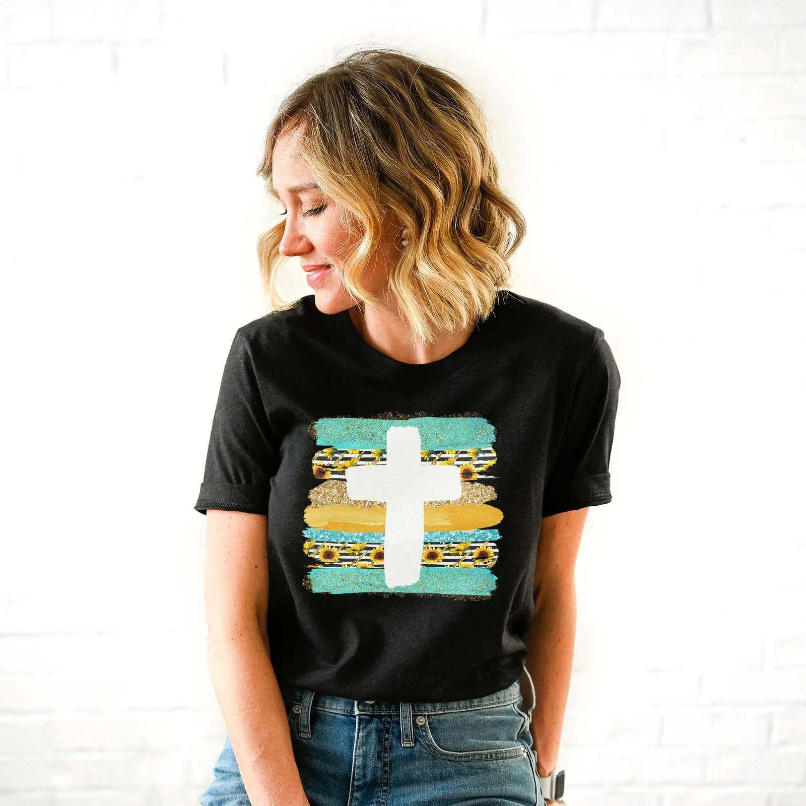 Cross Brushstrokes Sunflower Tee Shirts For Women - Christian Shirts for Women - Religious Tee Shirts