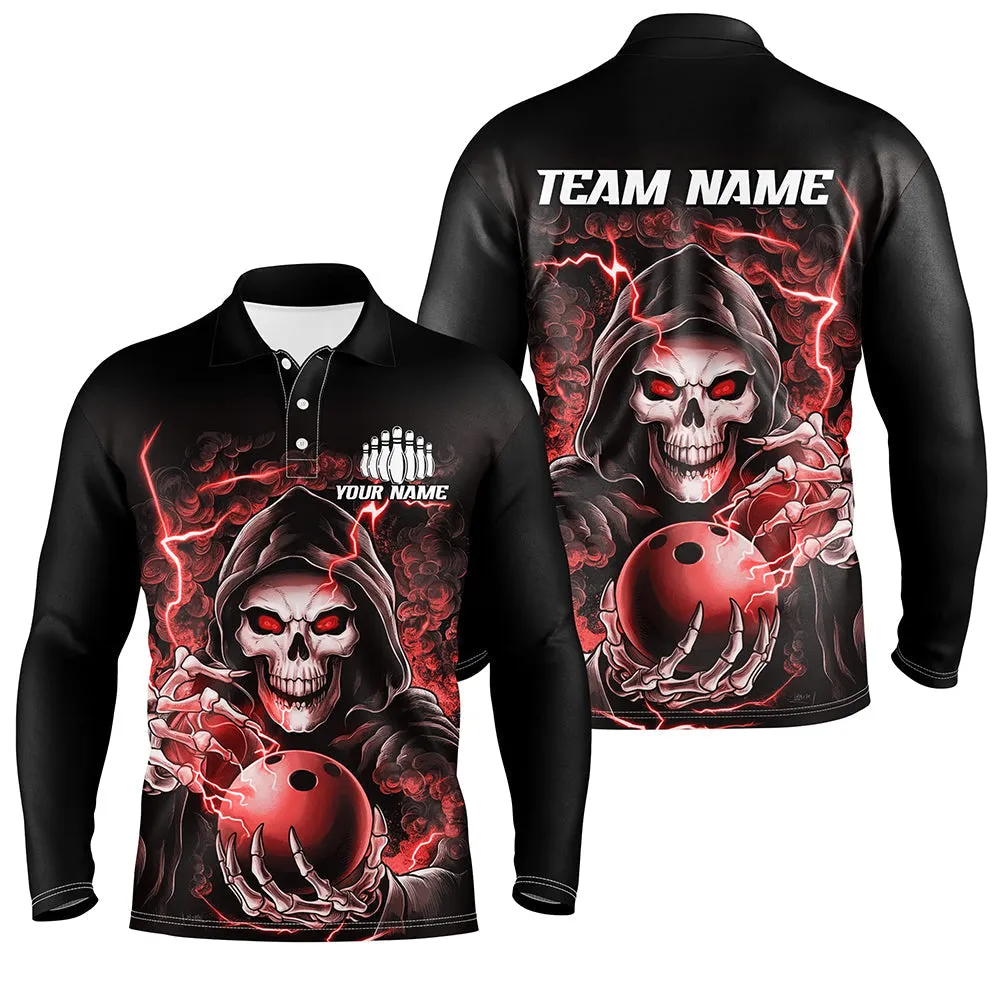 Custom Multicolor Option Skull Bowling Long Sleeve Polo Shirts For Men, Halloween Bowling Team Shirts