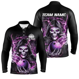 Custom Multicolor Option Skull Bowling Long Sleeve Polo Shirts For Men, Halloween Bowling Team Shirts