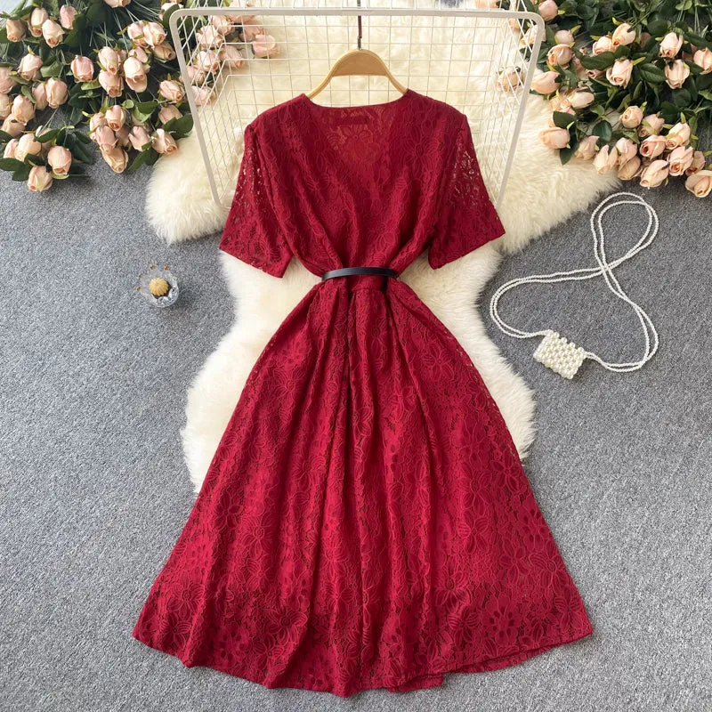 Cute v neck lace short dress A line fashion dress     S439