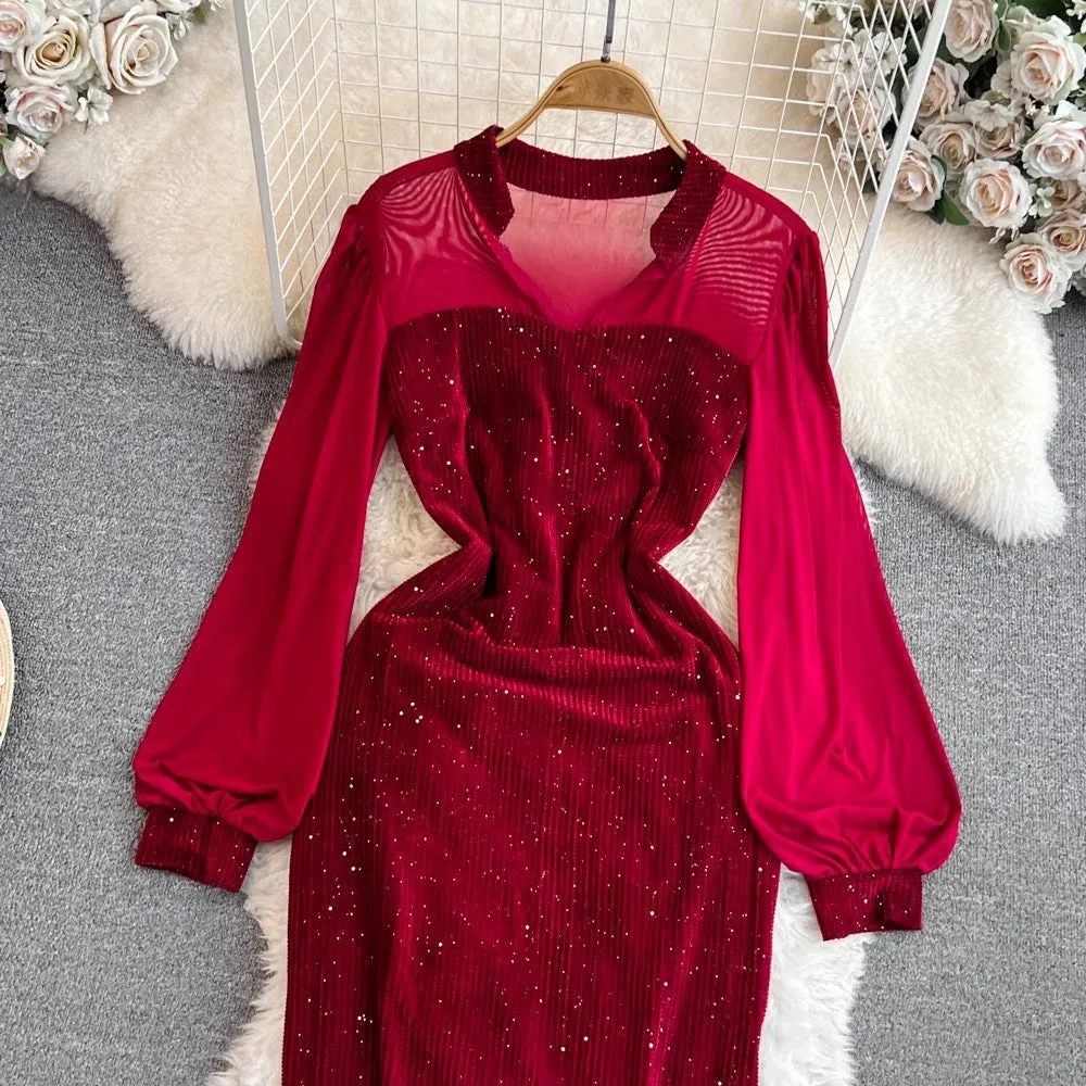 design bubble long-sleeved sequinned dress      S4334