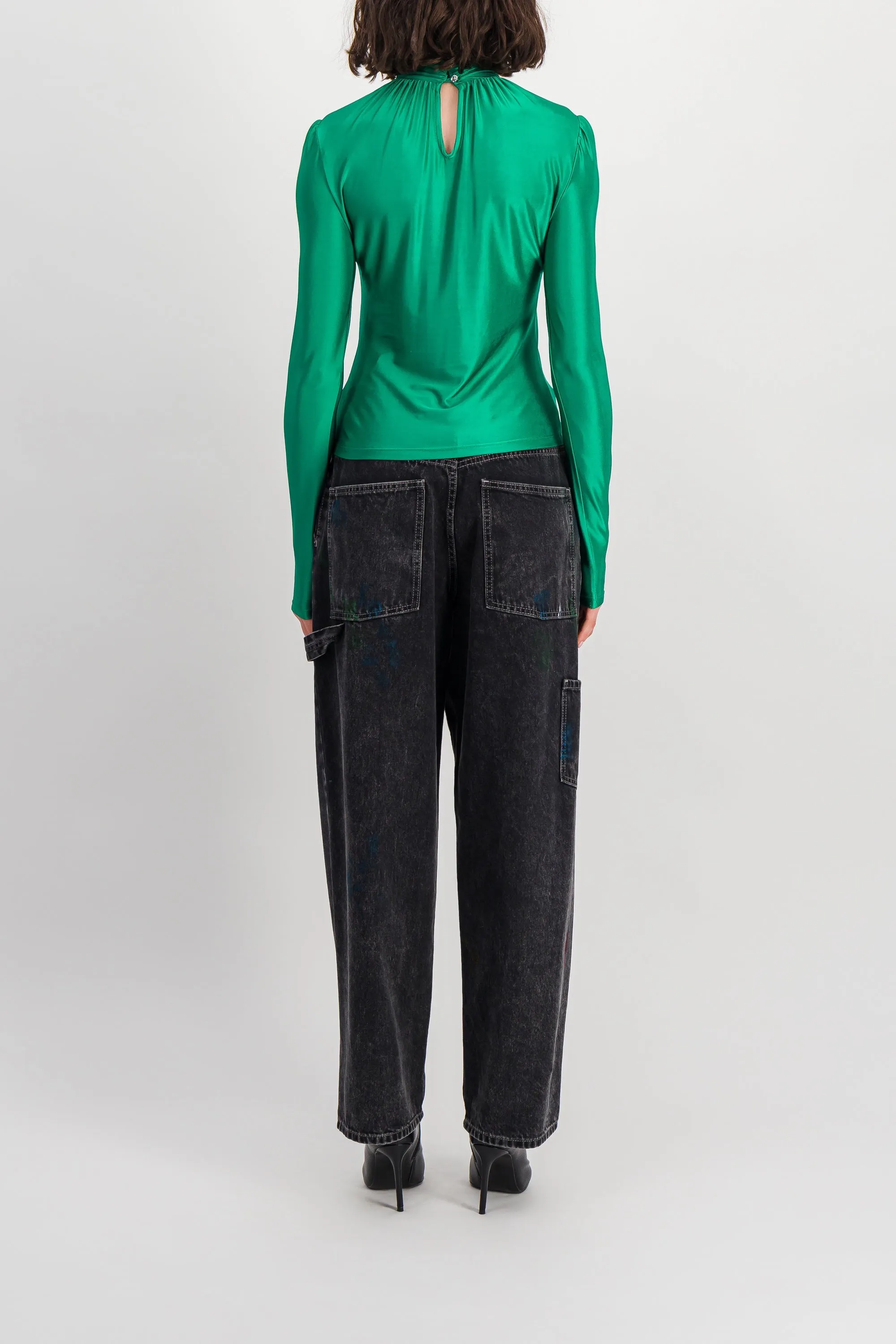 Draped emerald high-neck top