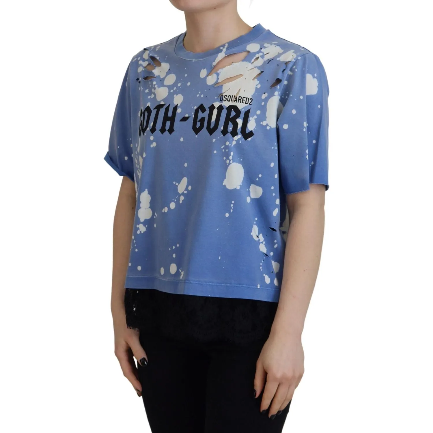 Dsquared² Blue Goth Gurl Print Black Lace Cotton Tee T-shirt