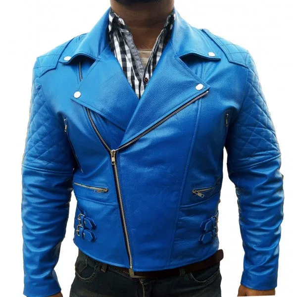 Electric Blue Biker Leather Jacket Brando Type