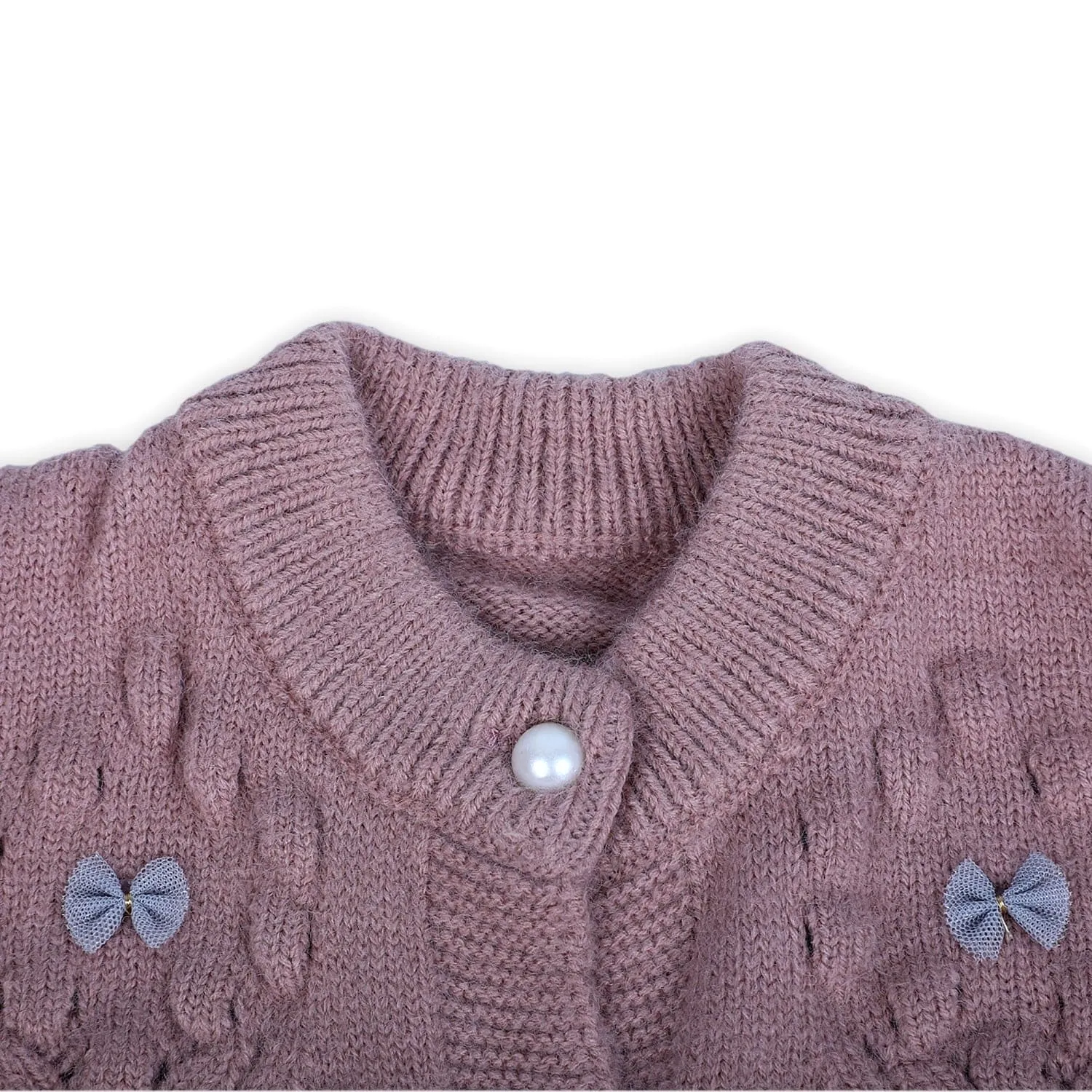 Elegant Bow And Pearl Buttons Premium Full Sleeves Knitted Sweater - Mauve