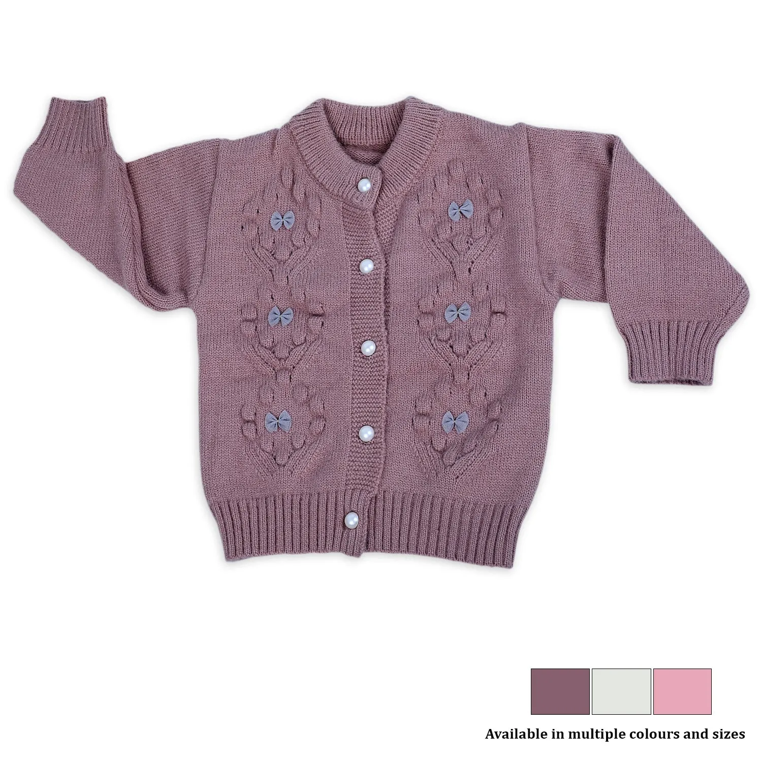 Elegant Bow And Pearl Buttons Premium Full Sleeves Knitted Sweater - Mauve