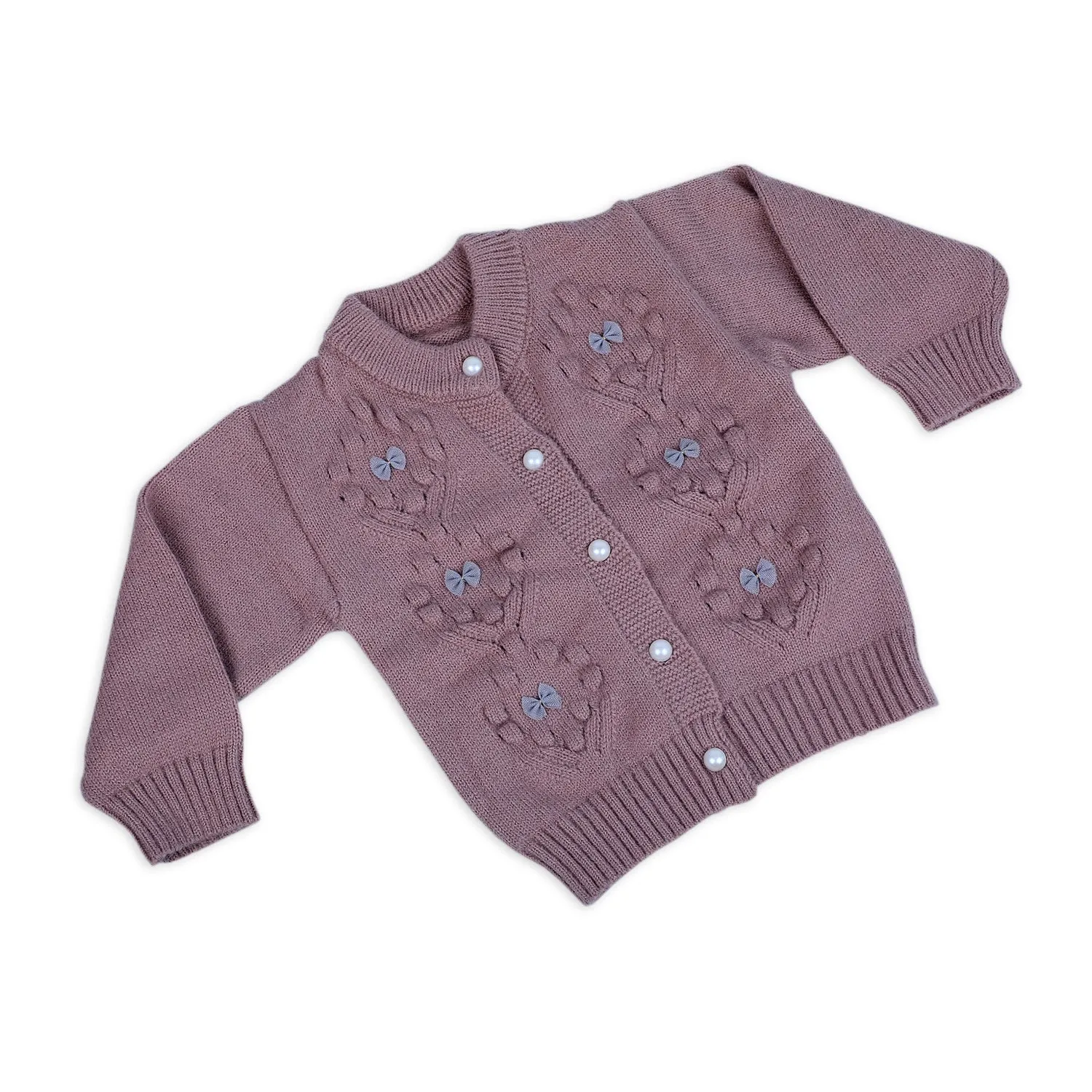 Elegant Bow And Pearl Buttons Premium Full Sleeves Knitted Sweater - Mauve