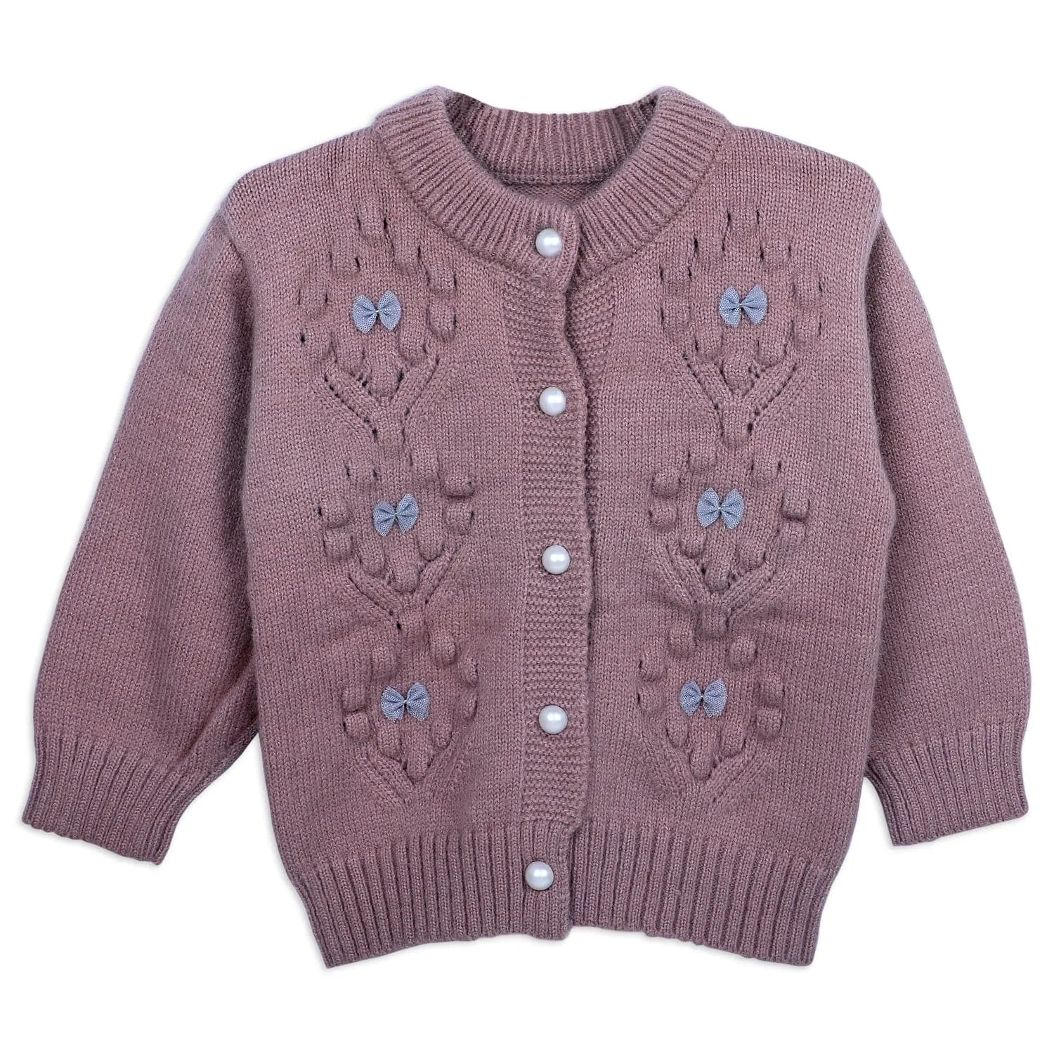 Elegant Bow And Pearl Buttons Premium Full Sleeves Knitted Sweater - Mauve