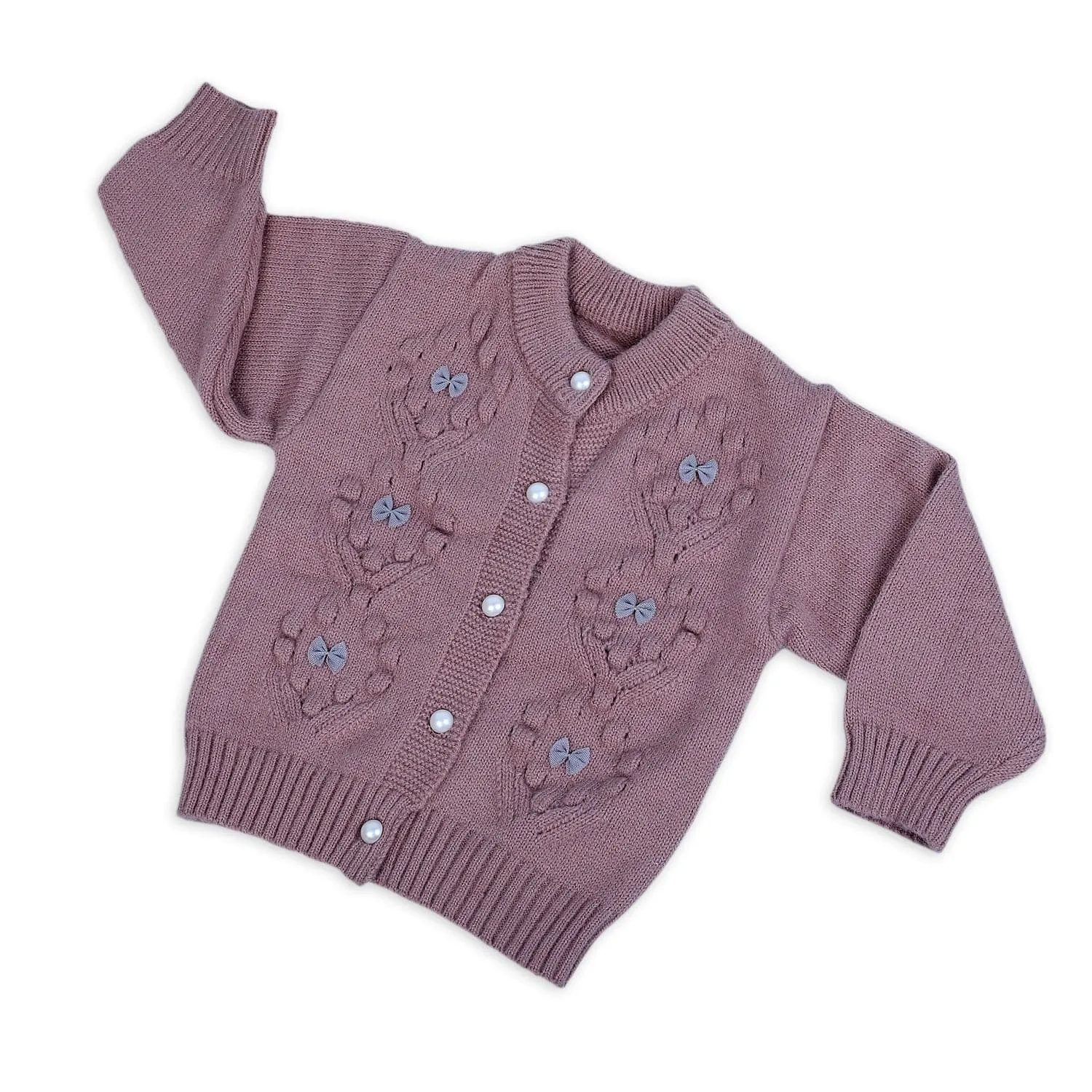 Elegant Bow And Pearl Buttons Premium Full Sleeves Knitted Sweater - Mauve