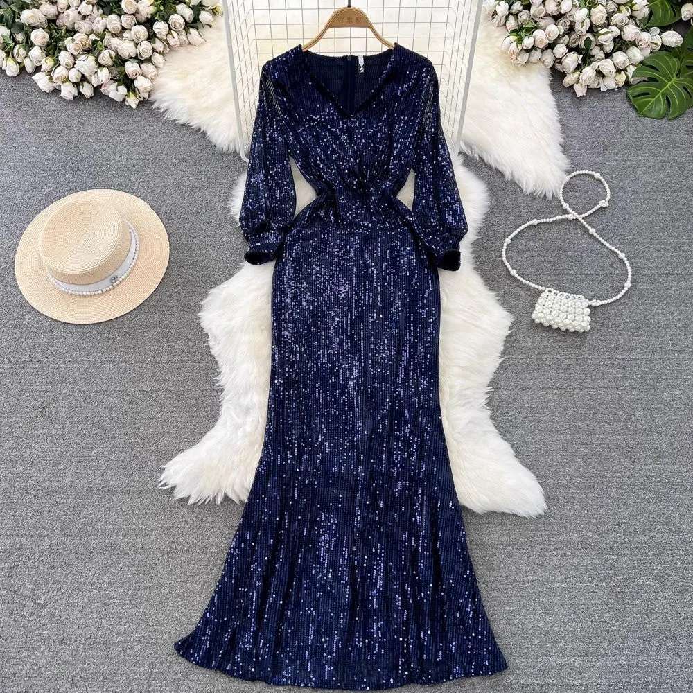 evening dress lantern long-sleeved V-neck sequined dress     S4142