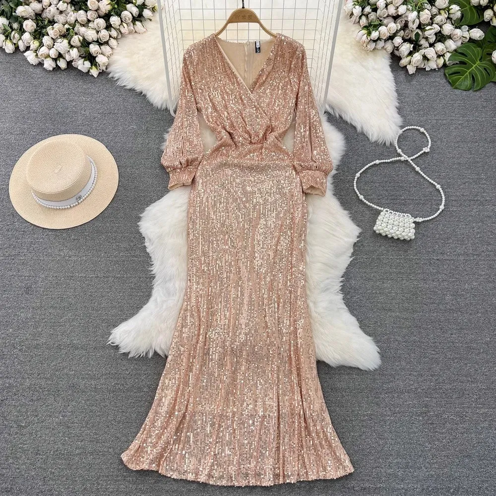 evening dress lantern long-sleeved V-neck sequined dress     S4142