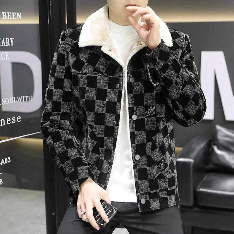 Fashionable Plaid Corduroy Jacket for Men - Plus Velvet Warmth in Casual Slim Streetwear Style