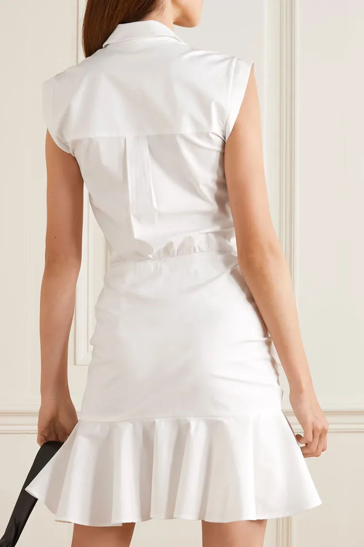 Flowy Fishtail Button Up Sleeveless Ruched Shirt Mini Dress - White