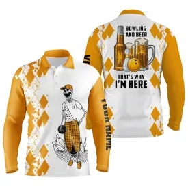 Funny Bowling Beer Skull Bowling Long Sleeve Polo Shirts For Men Custom Name Bowling And Beer That's Why I'M Here