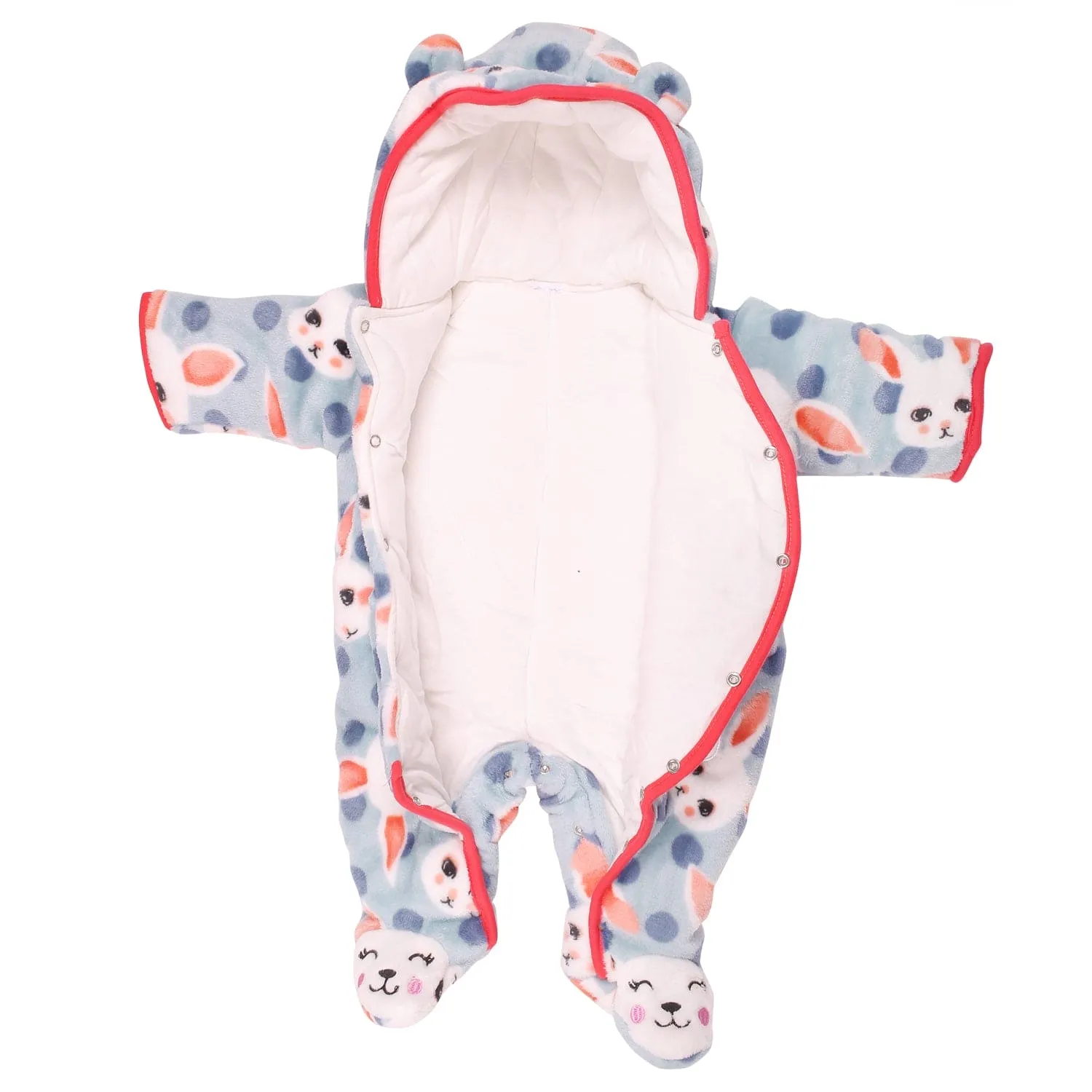 Fuzzy Bunny Blue Winter Quilted Hooded Romper