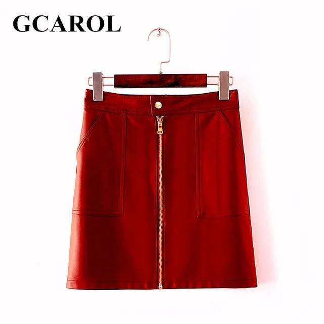 GCAROL Women Zipper Up Faux Leather Skirt Polyester Lining Fashion Sexy PU Mini Skirt With Two Pockets High Quality For 4 Season