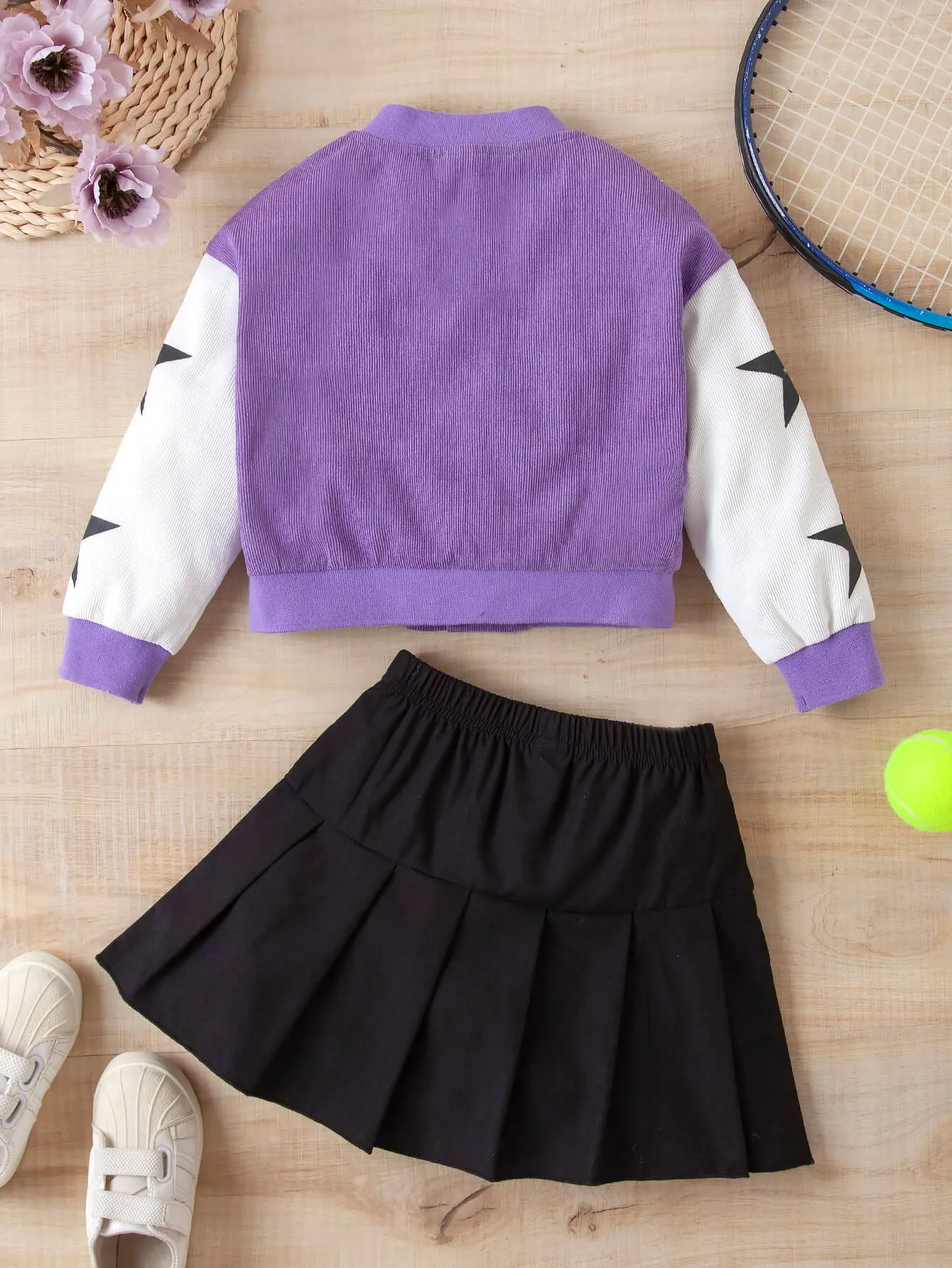 Girls Contrast Bomber Jacket, Tank, and Pleated Skirt Set