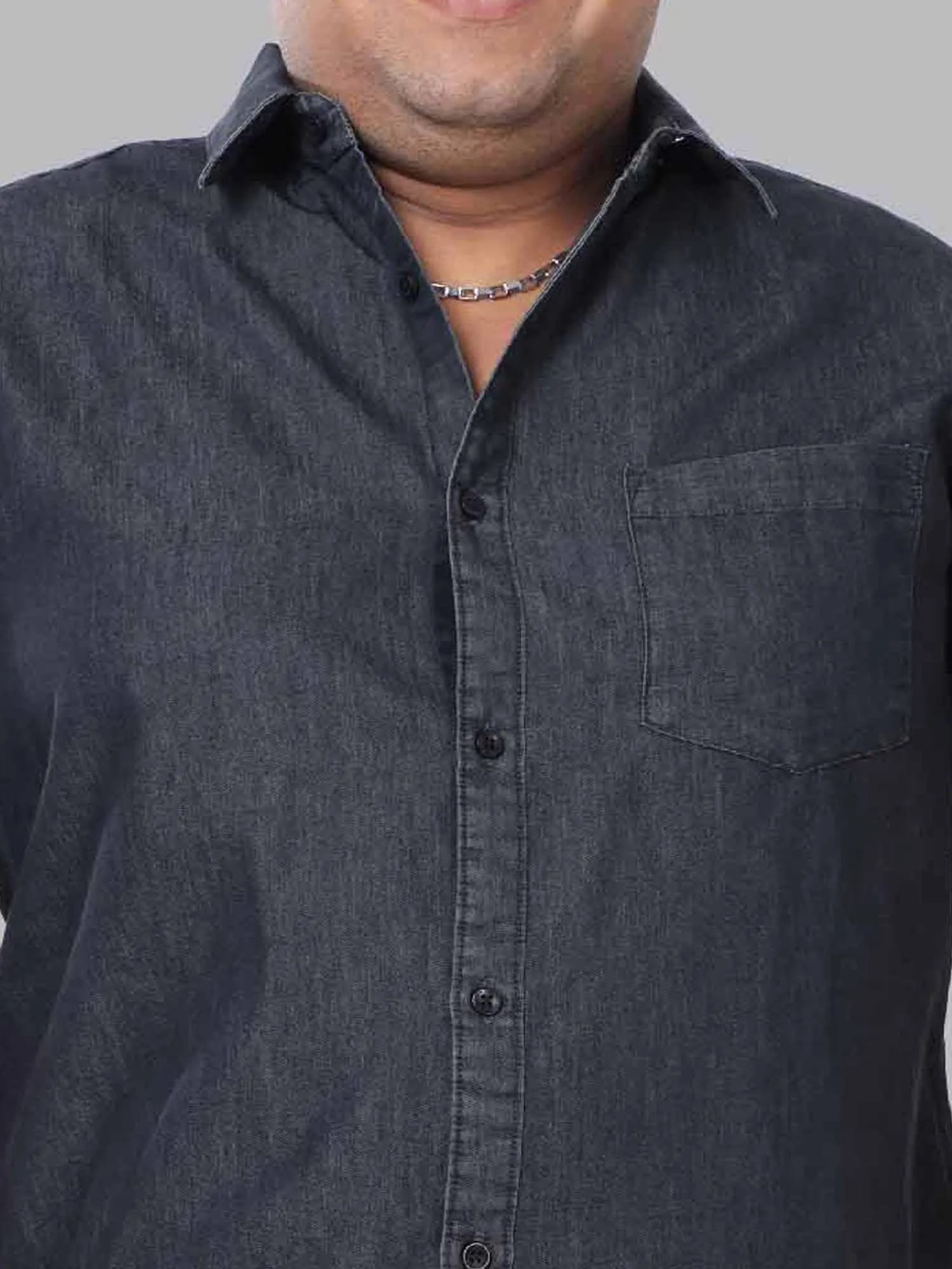 Grey Denim Single Pocket Half Sleeve Shirt Men's Plus Size