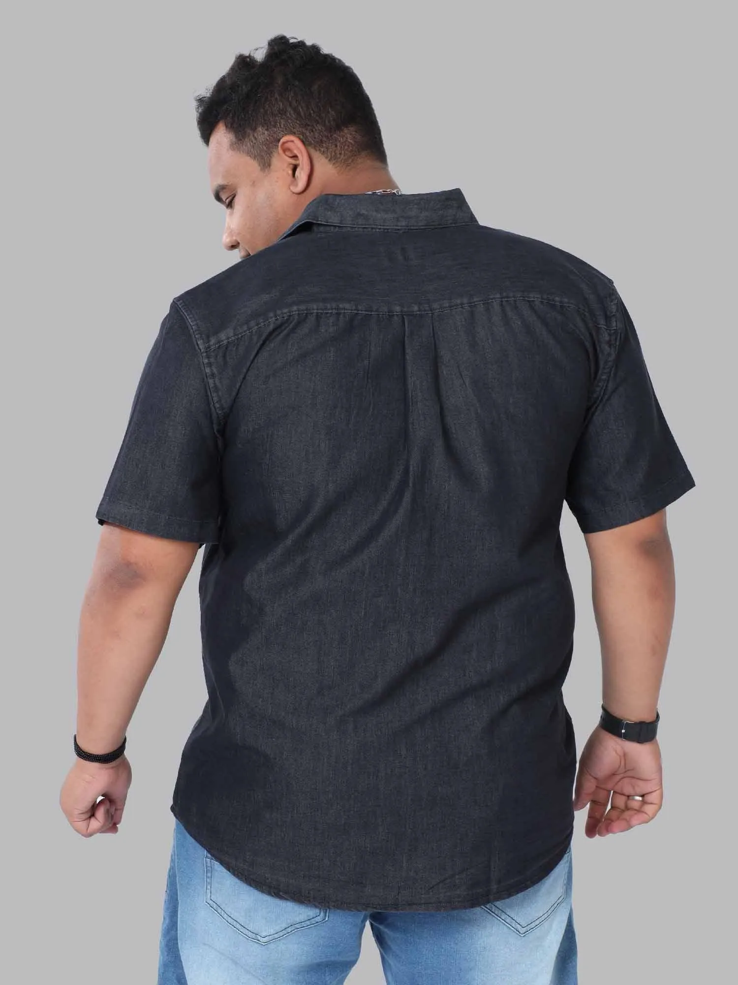 Grey Denim Single Pocket Half Sleeve Shirt Men's Plus Size