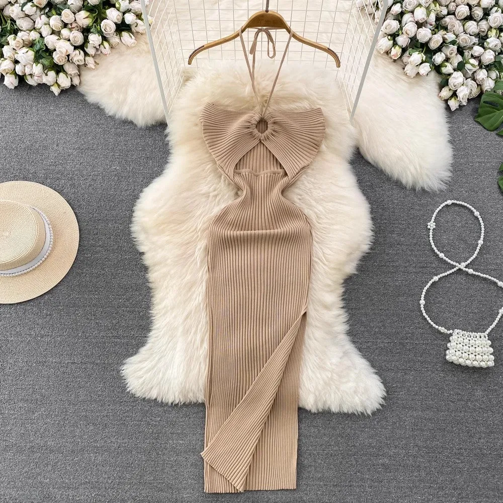 halter neck backless sleeveless mid-length slit knitted dress     S4091