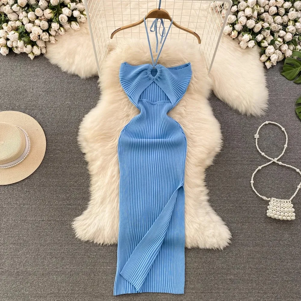 halter neck backless sleeveless mid-length slit knitted dress     S4091