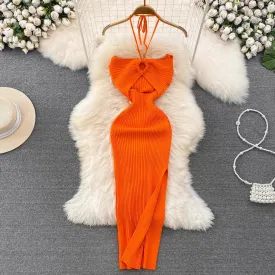 halter neck backless sleeveless mid-length slit knitted dress     S4091