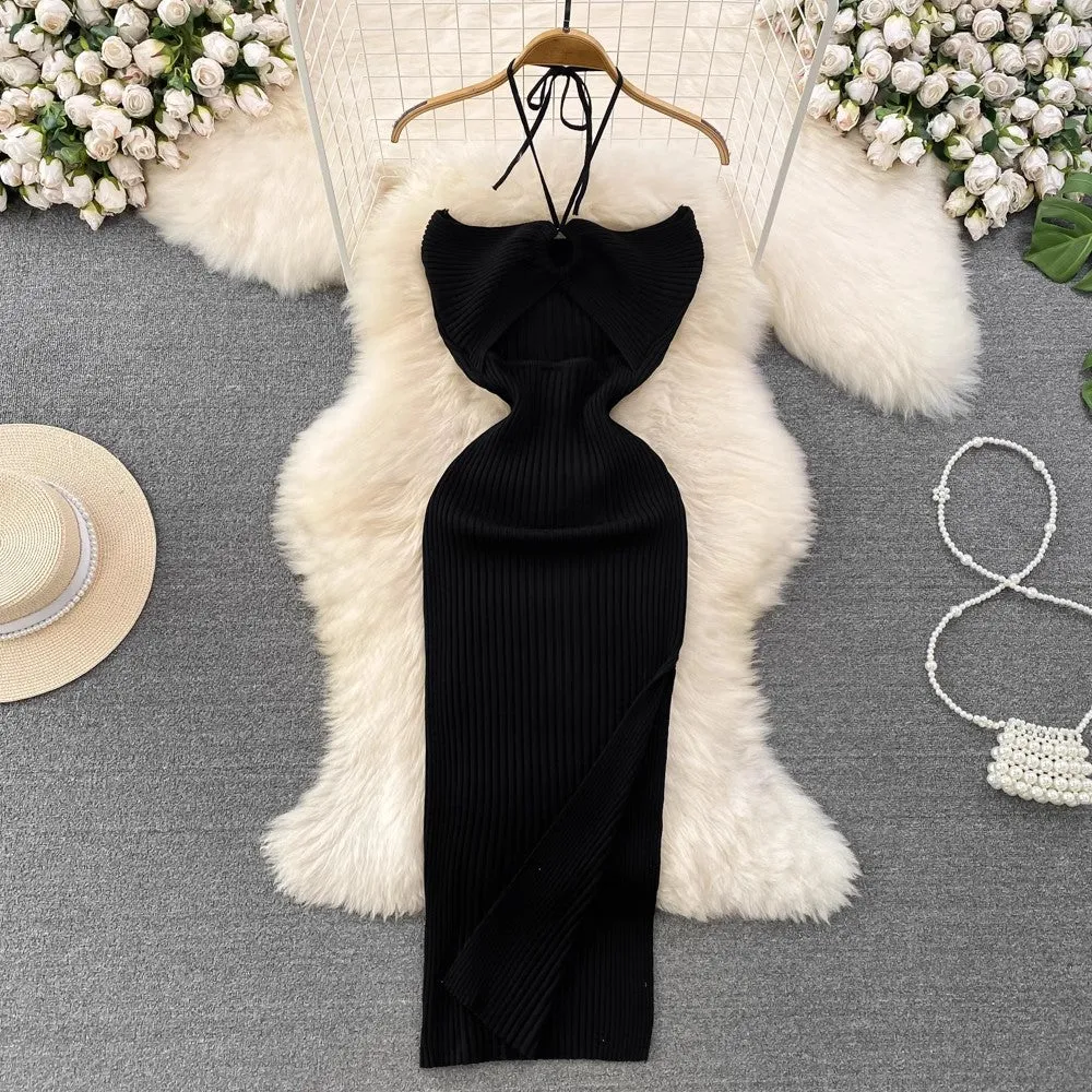 halter neck backless sleeveless mid-length slit knitted dress     S4091