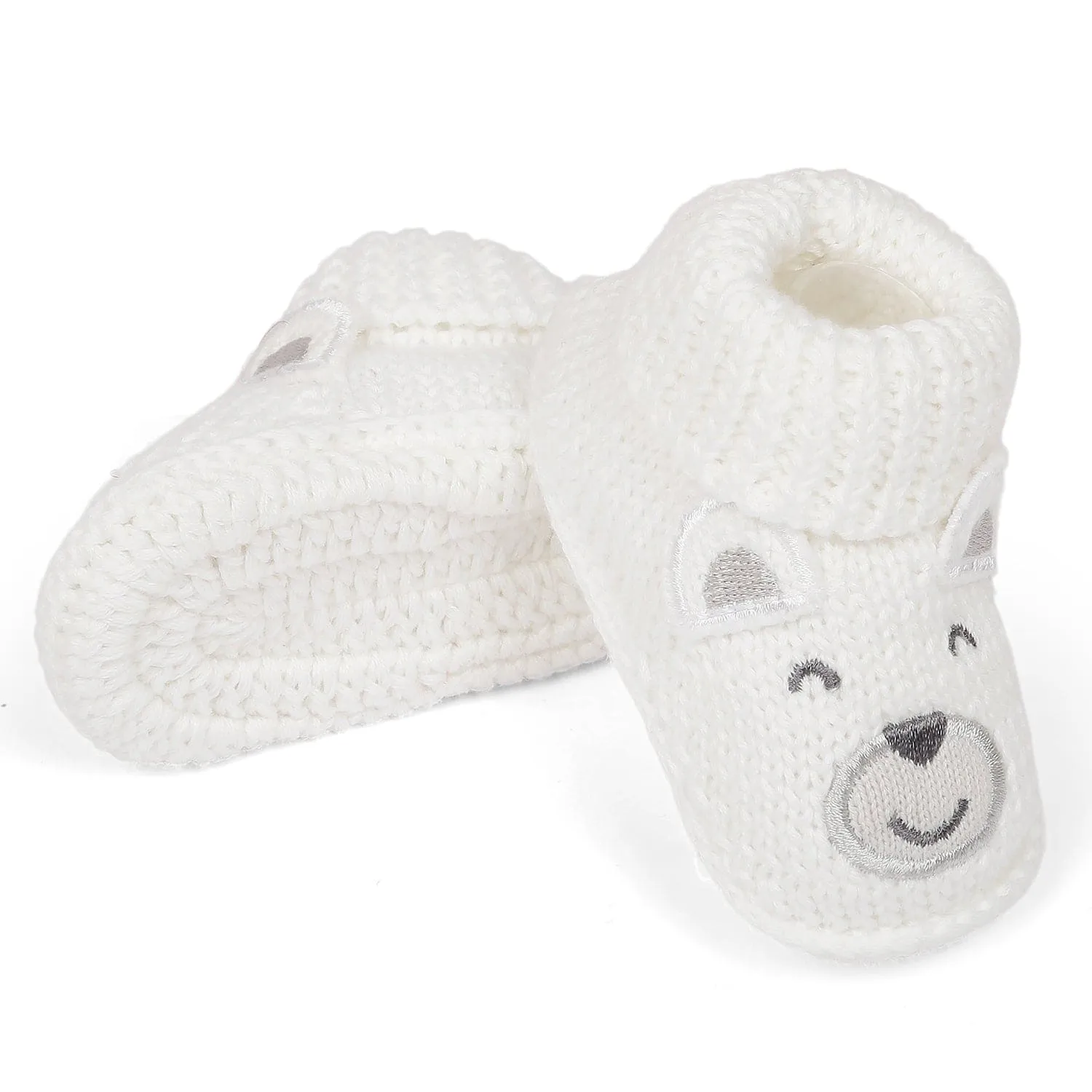 Happy Teddy Newborn Crochet Socks Booties - White