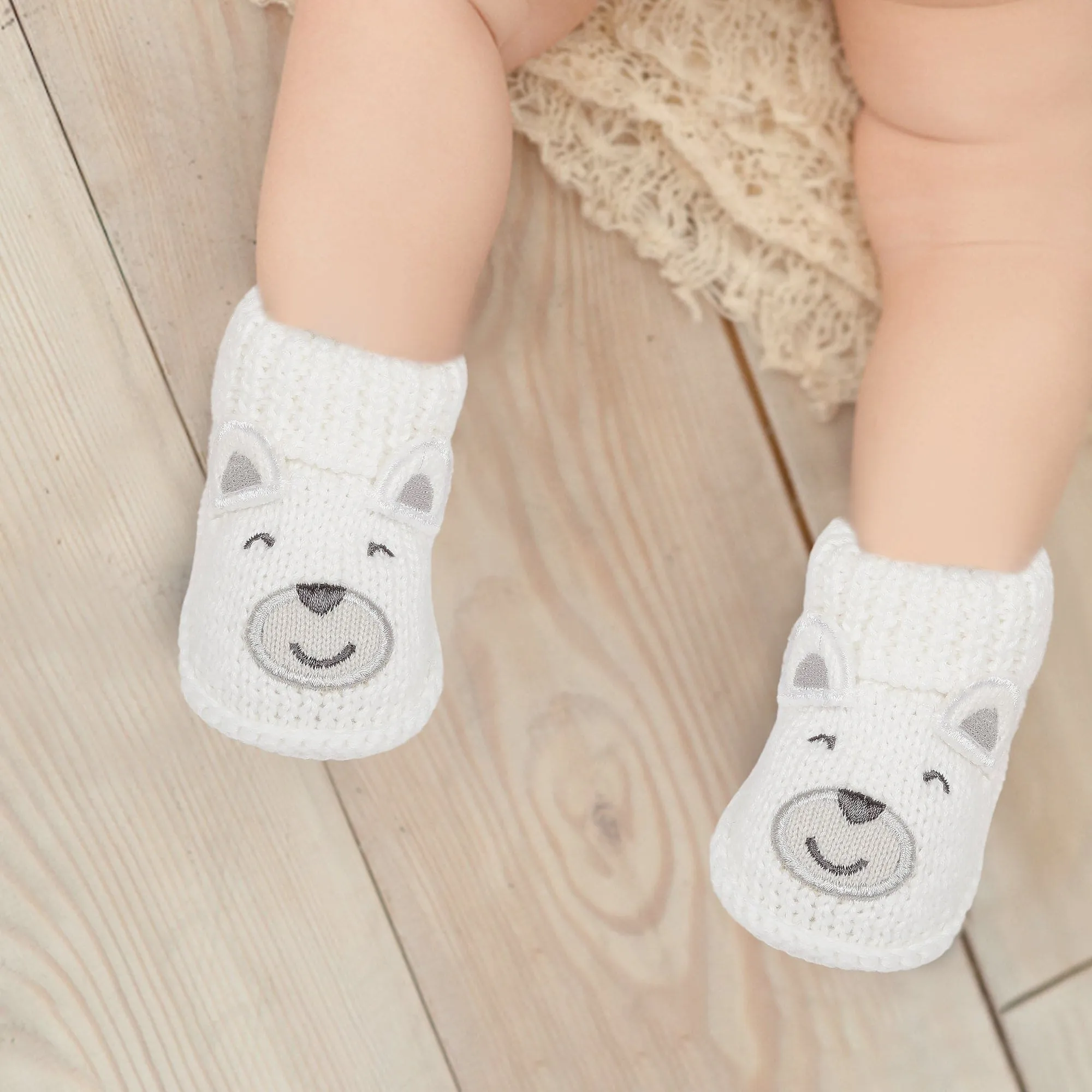 Happy Teddy Newborn Crochet Socks Booties - White