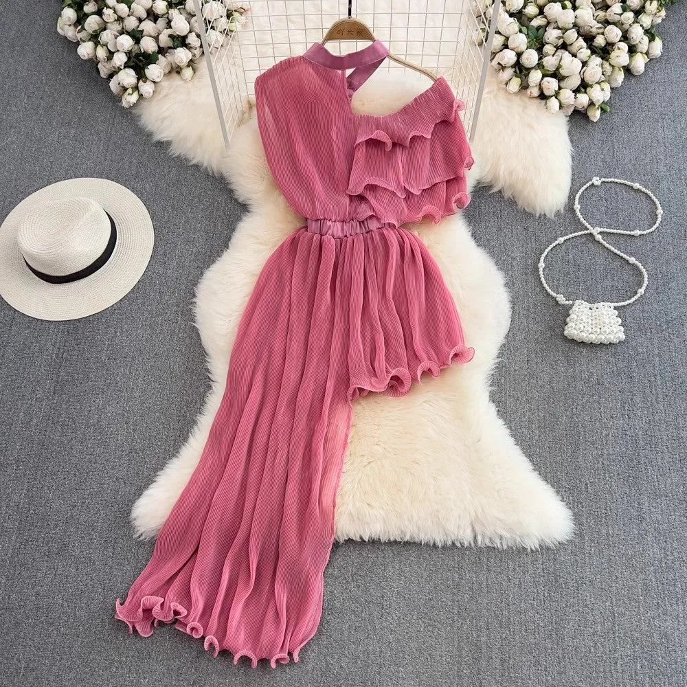 irregular mid-length skirt fashionable a-line pleated dress for women    S4425